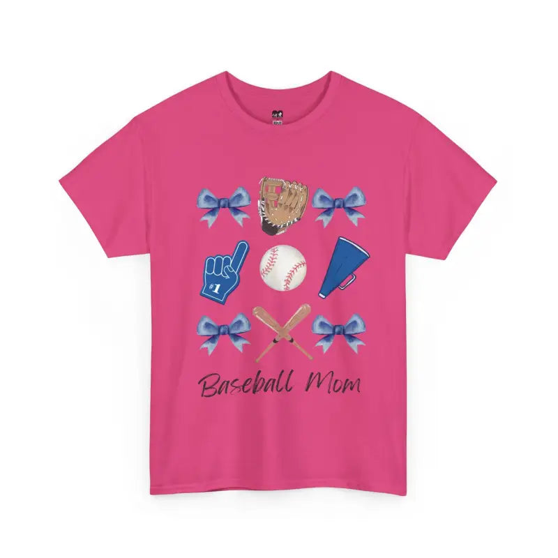 Pink t-shirt with baseball-themed graphics and text reading ’Baseball Mom’