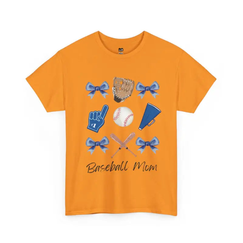 Orange t-shirt featuring baseball-themed graphics and ’Baseball Mom’ text.
