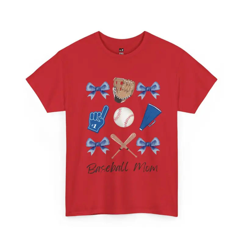 Red t-shirt with baseball-themed graphics including bows, mitt, ball, foam finger, and ’Baseball Mom’ text.