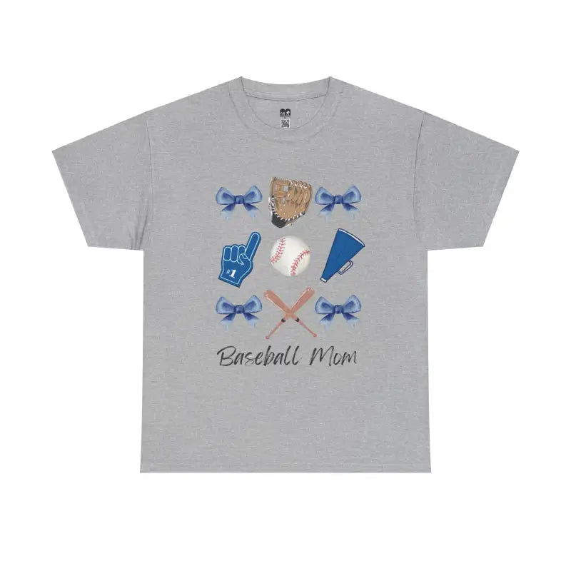 Grey t-shirt featuring baseball-themed graphics and ’Baseball Mom’ text.
