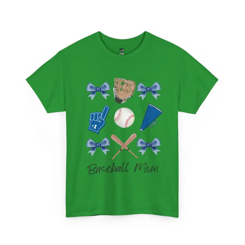 Green t-shirt with baseball-themed graphics including bows, a glove, ball, foam finger, and crossed bats.