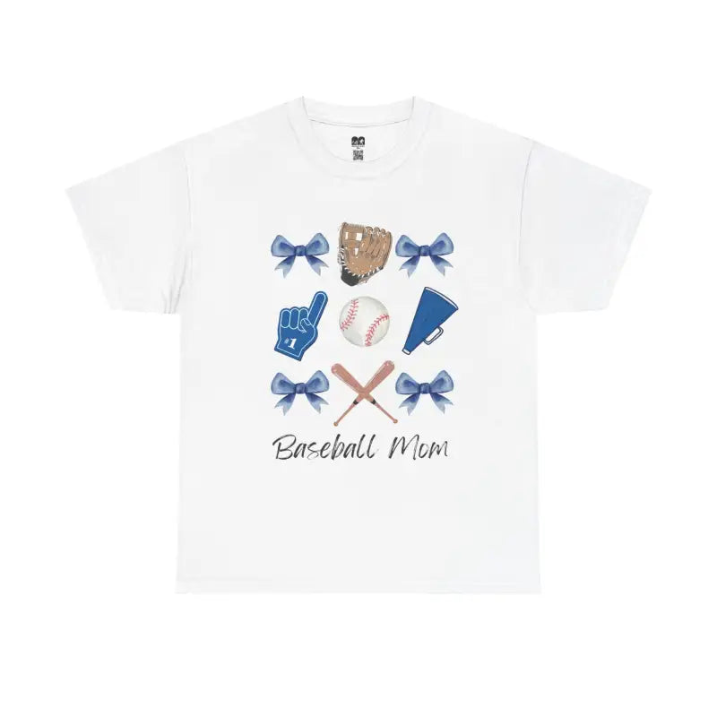 White t-shirt with baseball-themed graphics and ’Baseball Mom’ text featuring bows, a glove, foam finger, baseball, and crossed bats.