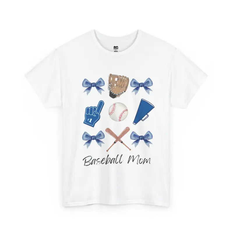 White t-shirt featuring baseball-themed graphics with blue bows and ’Baseball Mom’ text.
