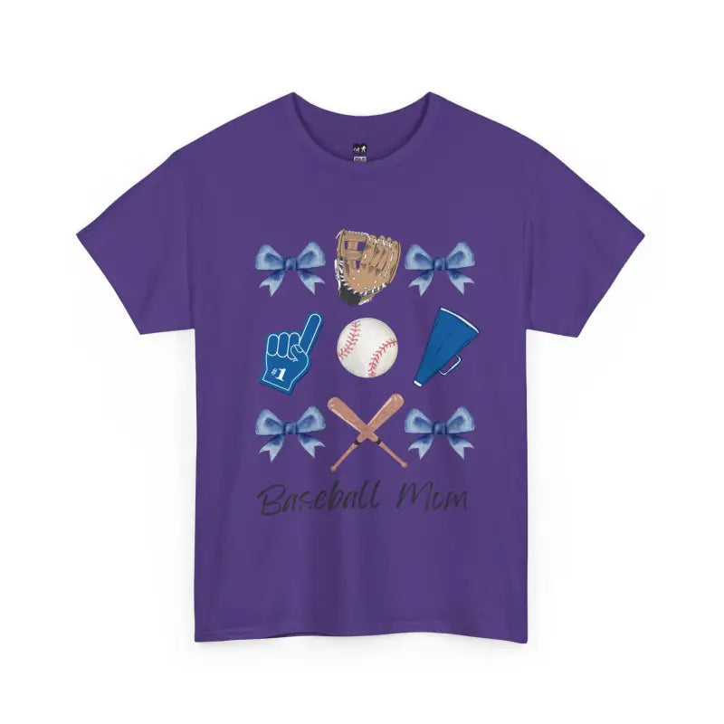Purple t-shirt with baseball-themed graphics including bows, a glove, ball, foam finger, and crossed bats.