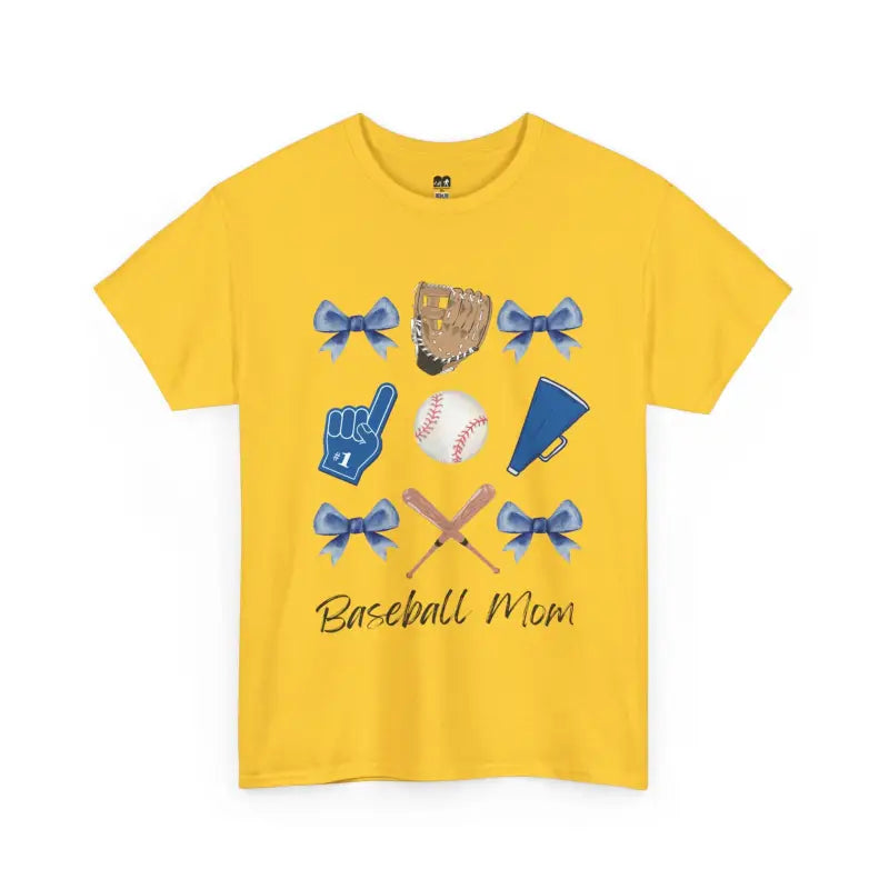 Yellow t-shirt with baseball-themed graphics and ’Baseball Mom’ text.