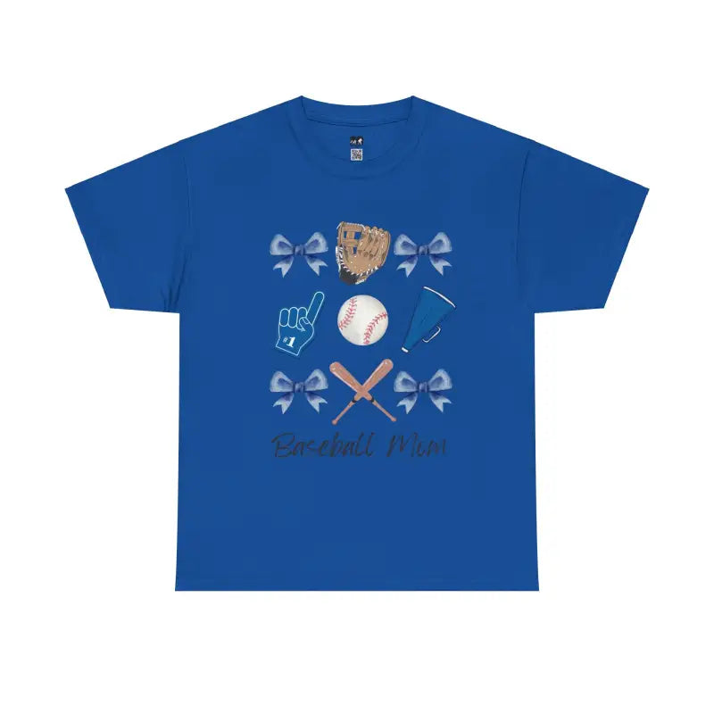 Royal blue t-shirt featuring baseball-themed graphics with bows, a baseball, mitt, and crossed bats.
