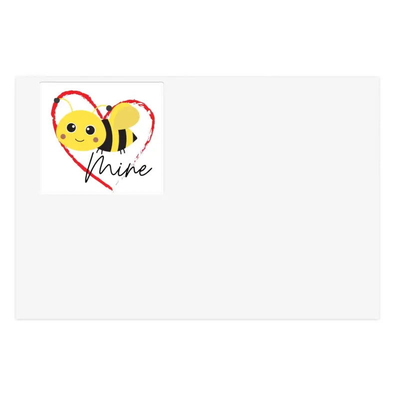 Cute cartoon bee inside a red heart outline with the word ’mine’ written below it.