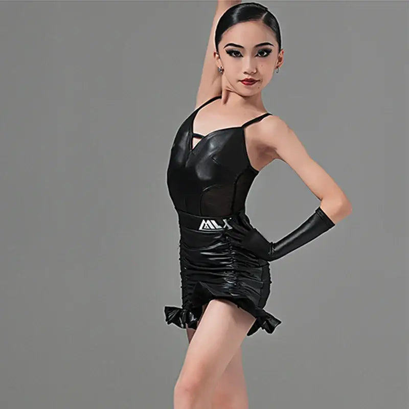 Sleek black leather dance costume with spaghetti straps and long gloves.