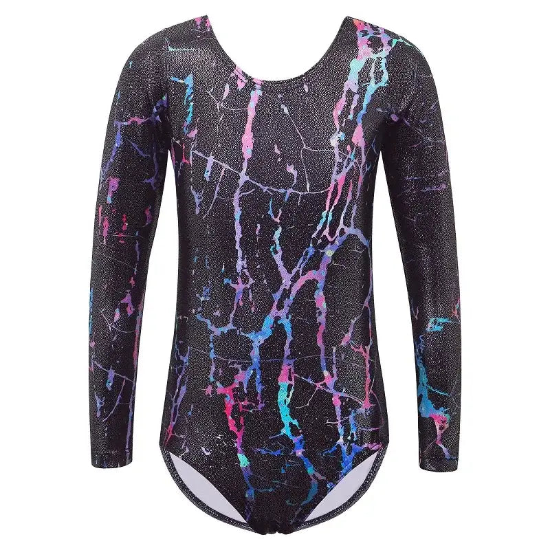 Long-sleeved gymnastics leotard with black marble-like pattern featuring pink, blue and purple splashes.
