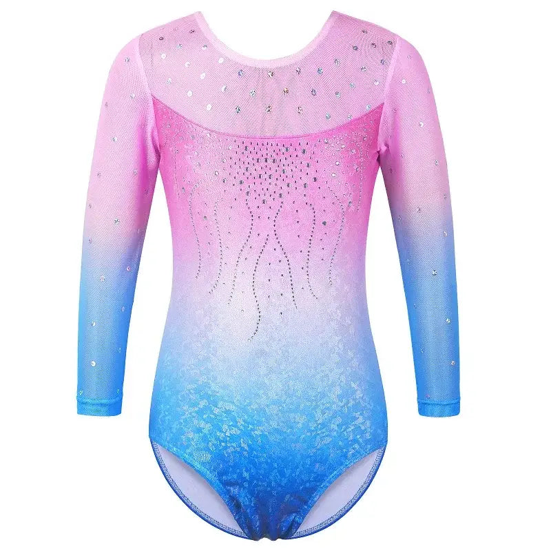 Pink and blue ombré gymnastics leotard with sparkly rhinestone detailing.
