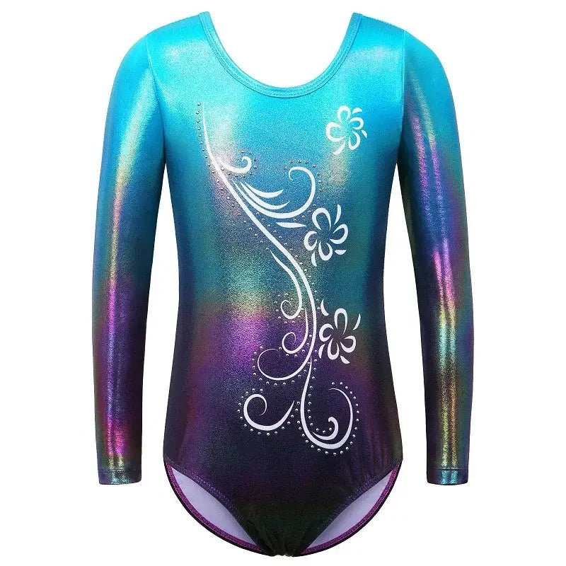 Sparkly turquoise-to-purple ombré gymnastics leotard with white floral designs.