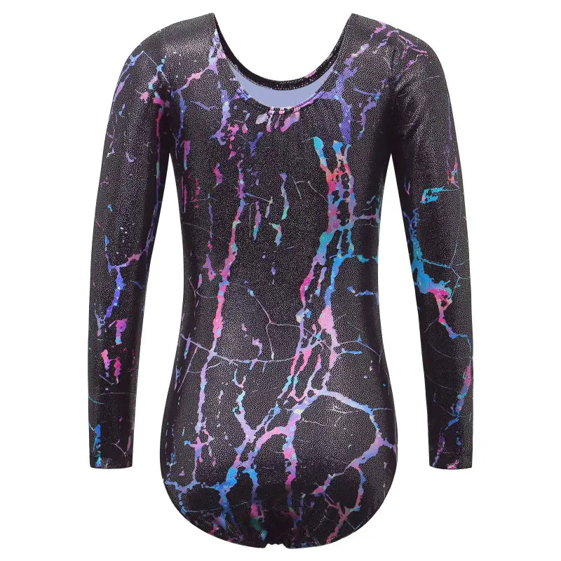 Long-sleeved gymnastics leotard with a black marble-like pattern featuring pink, blue and purple swirls.