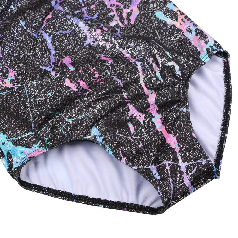 Black underwear with colorful pink, purple, and blue marble-like splatter pattern.