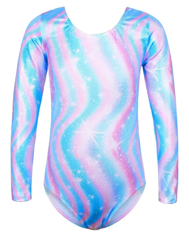 Long-sleeved gymnastics leotard in swirling pastel pink and blue pattern.