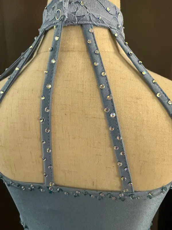 Blue halter dress back with rhinestones.