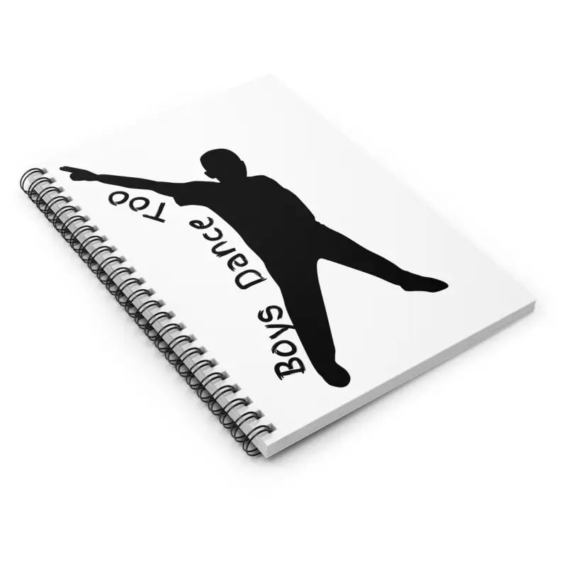 Spiral-bound notebook with a black silhouette figure and text on its white cover.