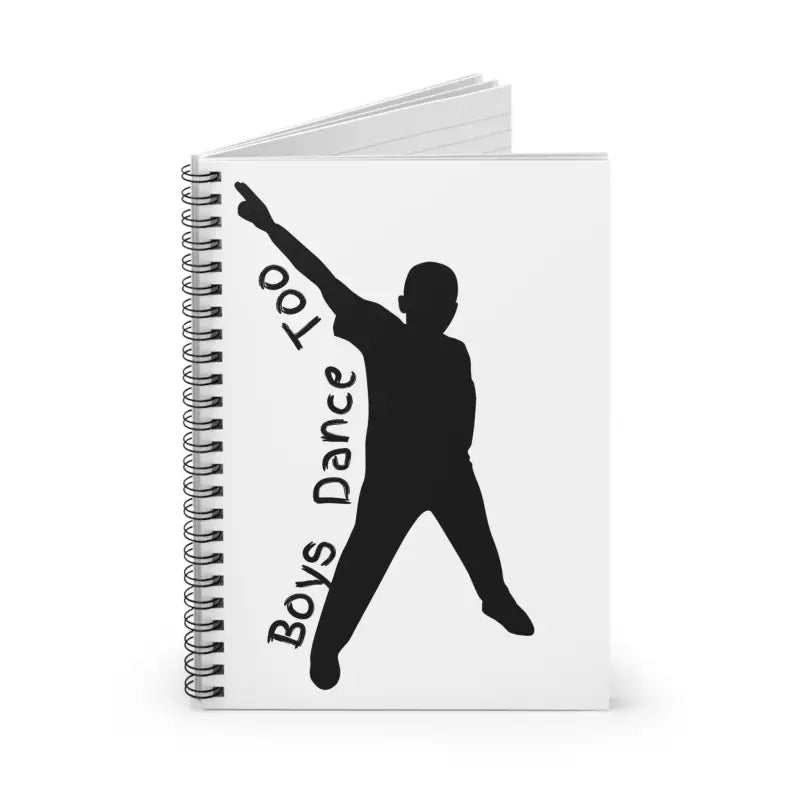 Spiral-bound notebook with a black silhouette of a dancing figure and text ’Boys Dance 001’’ on the white cover.