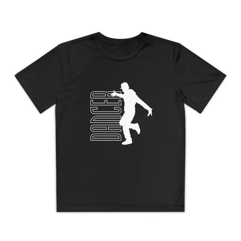 Black t-shirt with a white silhouette design of a dancer and text.