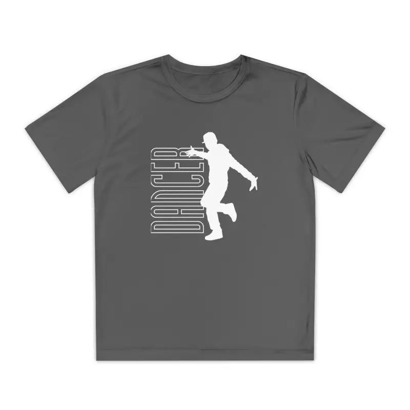 Grey t-shirt featuring a white silhouette of a jumping figure alongside text.