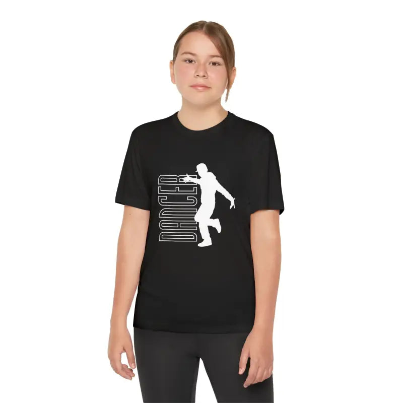 Black t-shirt with a white silhouette design of a person dancing.