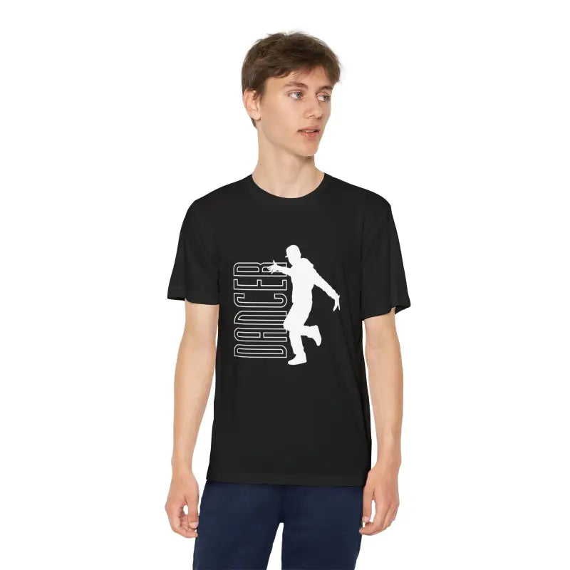 Black t-shirt with a white silhouette design of a dancer and text.