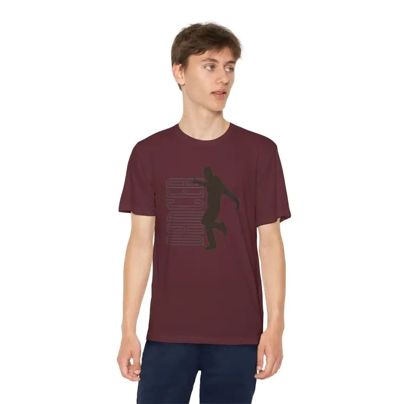 Burgundy t-shirt with a silhouetted skateboarder graphic design.