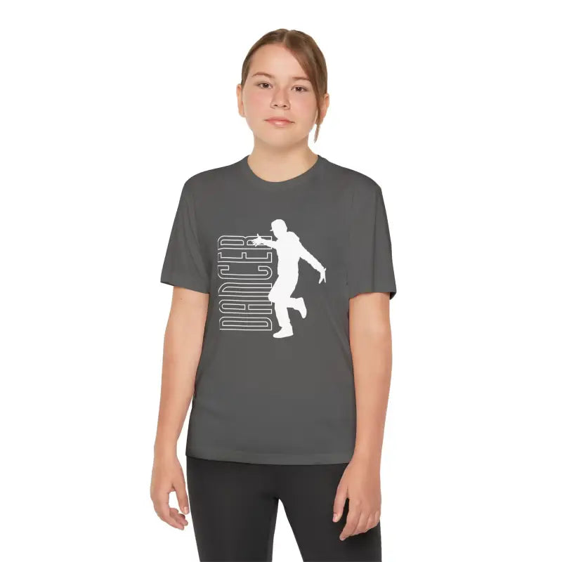 Gray t-shirt with a white silhouette design of a person in motion.