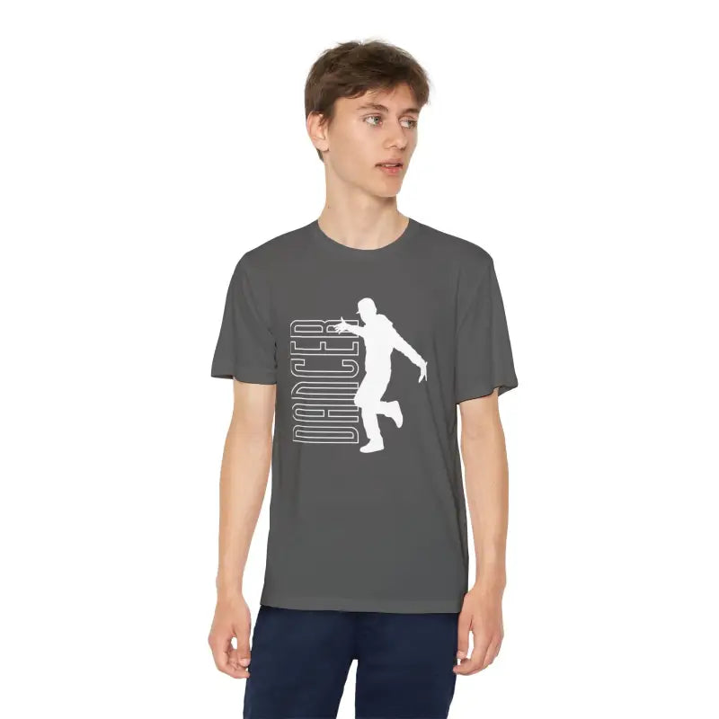 Grey t-shirt featuring a white silhouette design of a basketball player with vertical text.