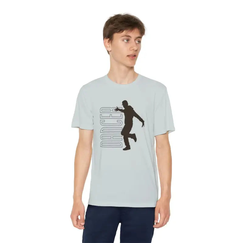 Light blue t-shirt featuring a black silhouette design of a person dancing alongside geometric lines.