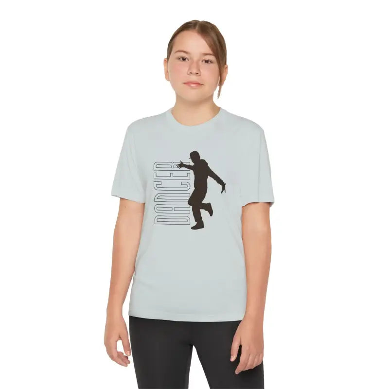 Light blue t-shirt featuring a black silhouette design of a dancing figure alongside text.