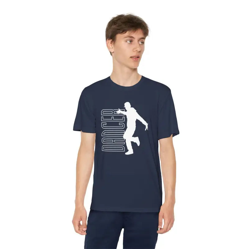 Navy blue t-shirt featuring a white silhouette design of a dancing figure with vertical text.