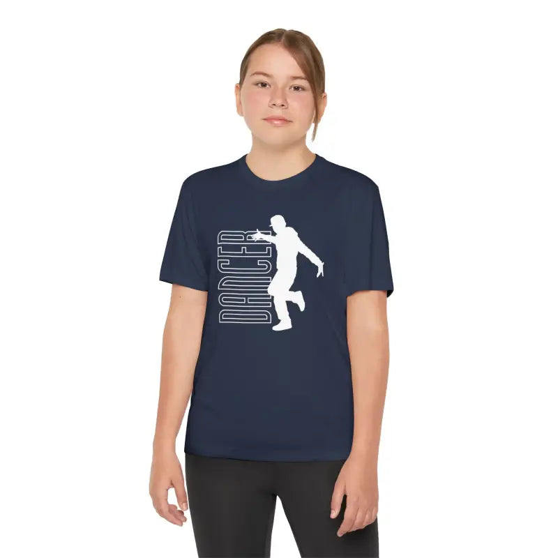 Navy blue t-shirt featuring a white silhouette graphic of a person climbing text.