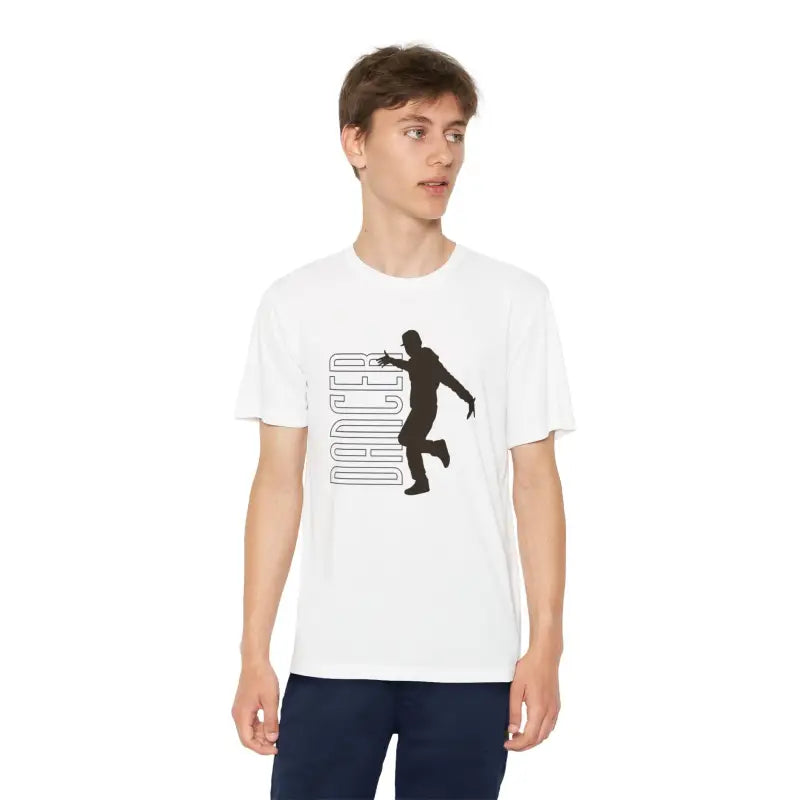 White t-shirt featuring a black silhouette design of a person dancing alongside geometric lines.