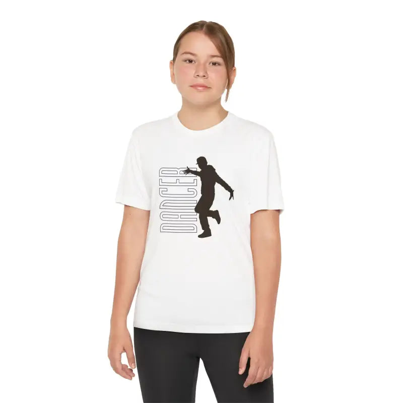 White t-shirt featuring a black silhouette design of a person dancing alongside geometric lines.