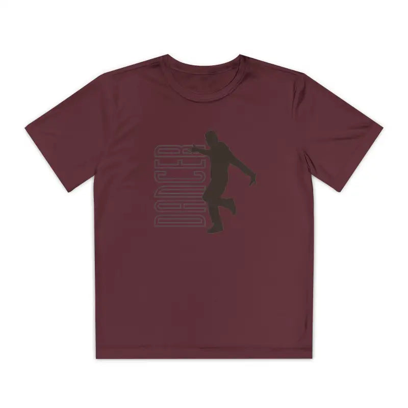 Burgundy t-shirt with a black silhouette of a basketball player and text design.