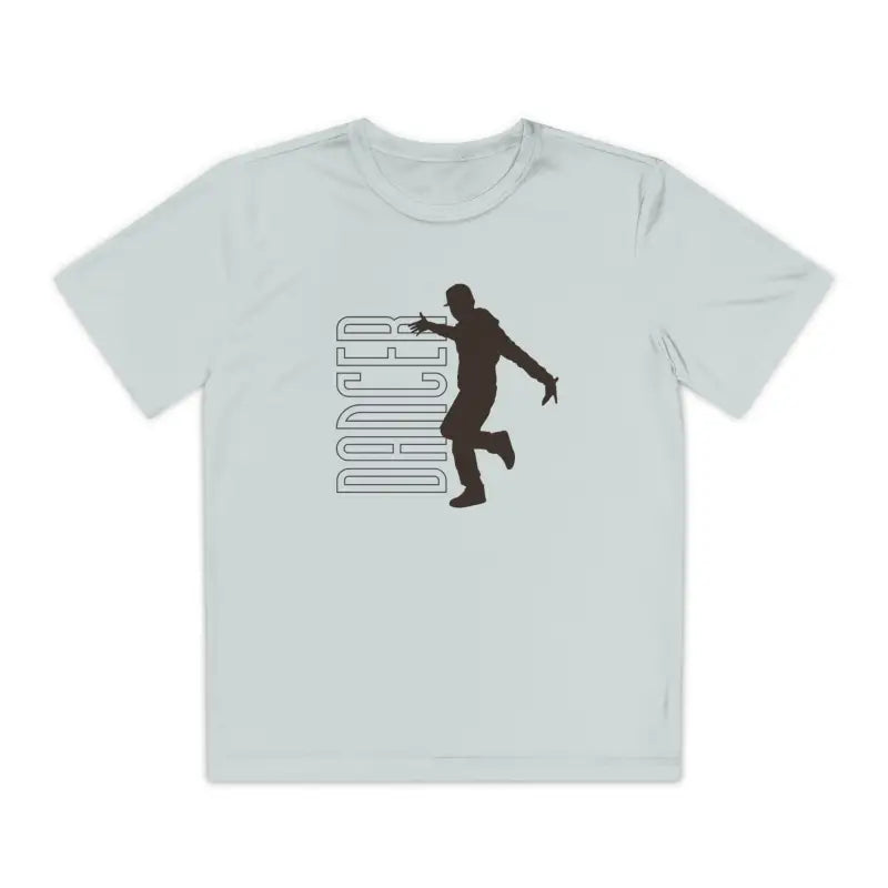 Light gray t-shirt featuring a silhouette of a person dancing alongside a linear graphic design.