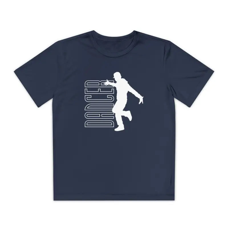 Navy blue t-shirt with a white silhouette design of a running figure and text.