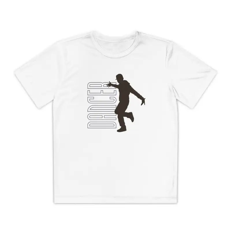 White t-shirt featuring a black silhouette of a person dancing alongside geometric lines.