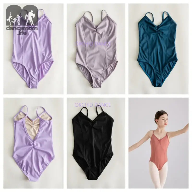 Ballet leotards in various colors including lavender, mauve, teal, and black.