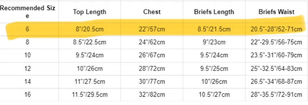Size 6 recommended sizing chart for underwear, displaying measurements in both inches and centimeters across top length, chest, briefs length, and briefs waist.