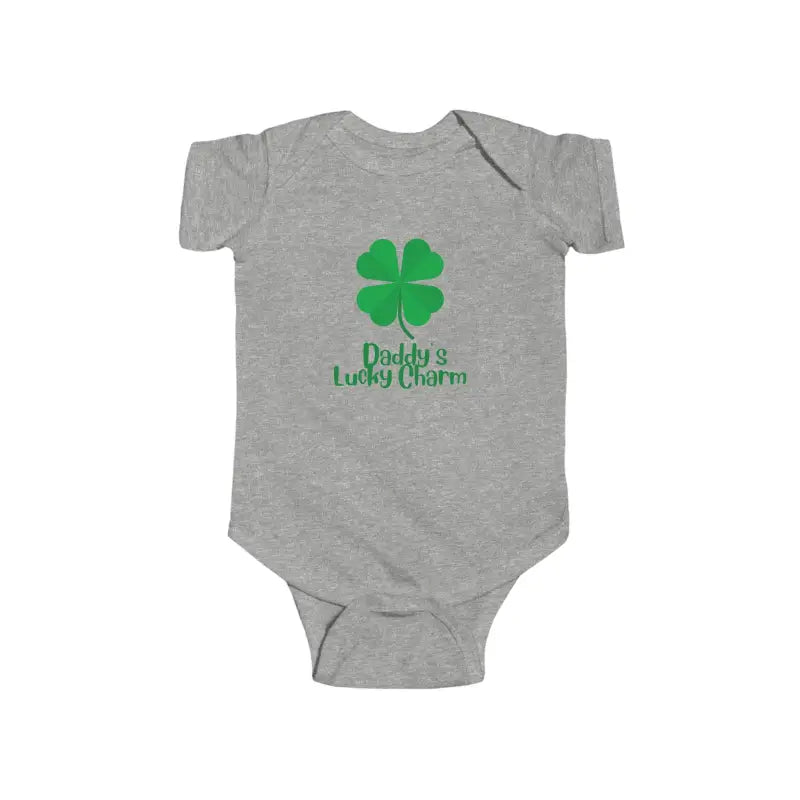 Gray baby onesie with a green four-leaf clover and ’Daddy’s Lucky Charm’ text design.