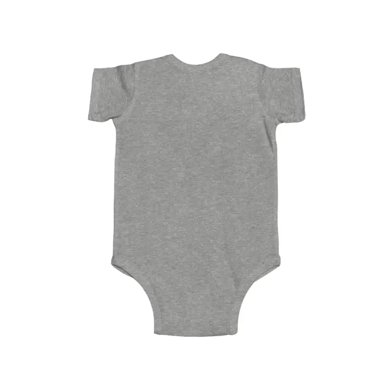Gray baby onesie with short sleeves.