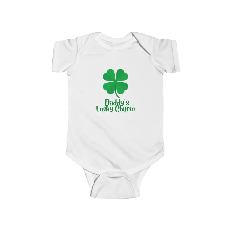White baby onesie with a green four-leaf clover and ’Daddy’s Lucky Charm’ text.