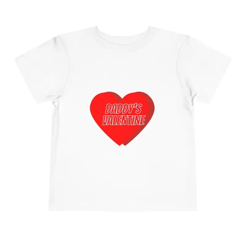 White t-shirt with a red heart and ’DADDY’S VALENTINE’ text printed on it.