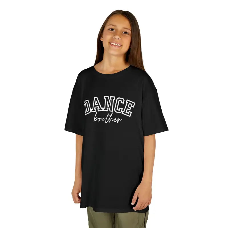 Black t-shirt with ’DANCE brother’ text printed on the front.