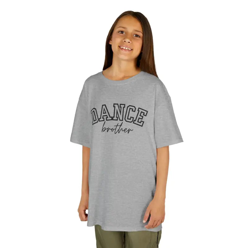 Gray t-shirt with ’DANCE brother’ text printed on the front.