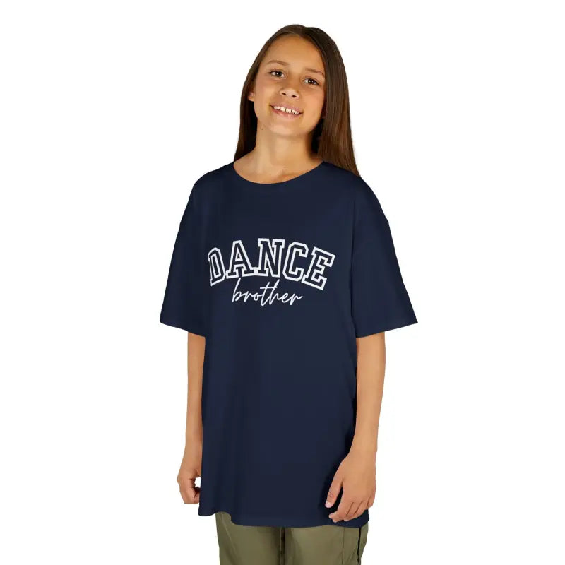 Navy blue t-shirt with ’DANCE brother’ text printed on the front.