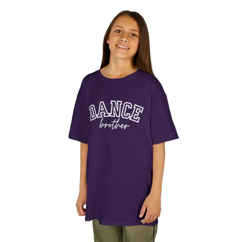 Purple t-shirt with ’DANCE brother’ text printed on the front.