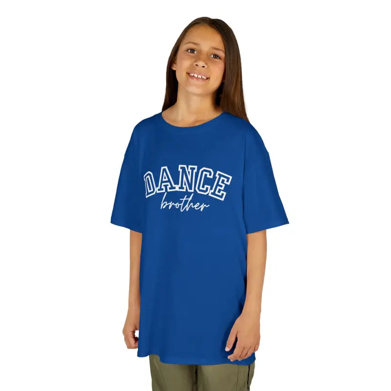 Royal blue t-shirt with ’DANCE brother’ text printed on the front.
