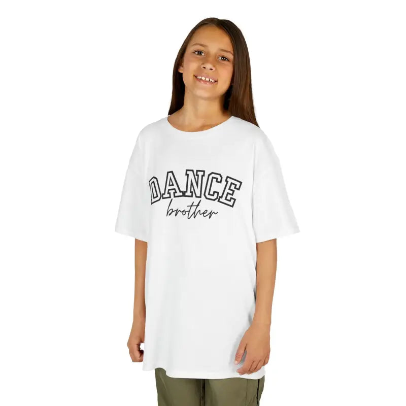 White t-shirt with ’DANCE brother’ text printed on the front.